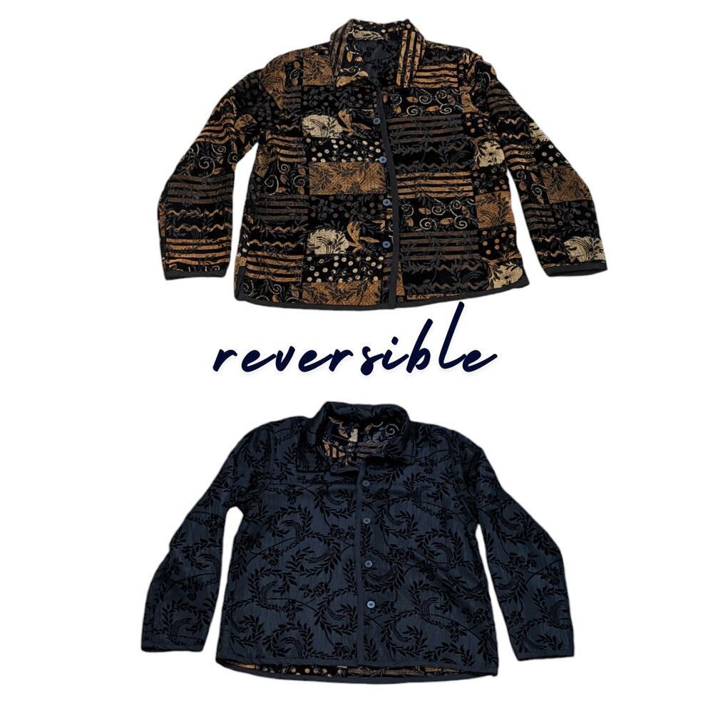 VTG 90s Reversible Artsy Fall Boho Collar Jacket Blazer Patchwork Brown Black L